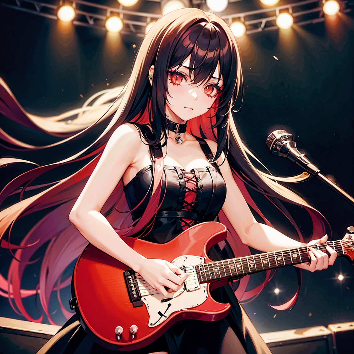 a girl, with long red hair,the strands of her hair are dyed black, her face is painted white, and near the eyes painted black, she is playing guitar at a concert, In the background of the show, behind the viewer, fireworks and skulls are coming out around the character., her clothing style and Rockeira&#39;s short clothing.