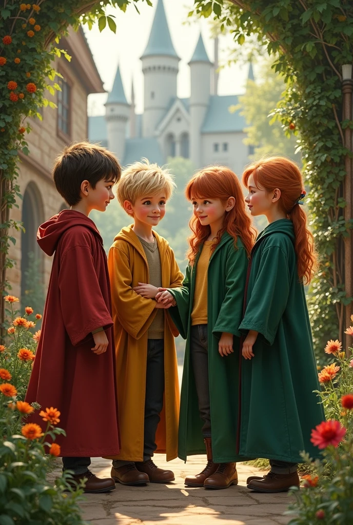 orange -haired, curly, blue eyes, freckles, streaked hair, streaked hair, dilated pupils, she looks like "Anne with an e", smiling, crying with happiness, holding the reins of a griffin flying in the heights of Hogwarts, with the Ravenclaw cloak, accompanied by Ron Weasley who is wearing a Gryffindor cloak happy tears, grin, Surrealism, cinematic lighting, Hogwarts, 8k, super detail, UHD, 1080P, HD, UHD