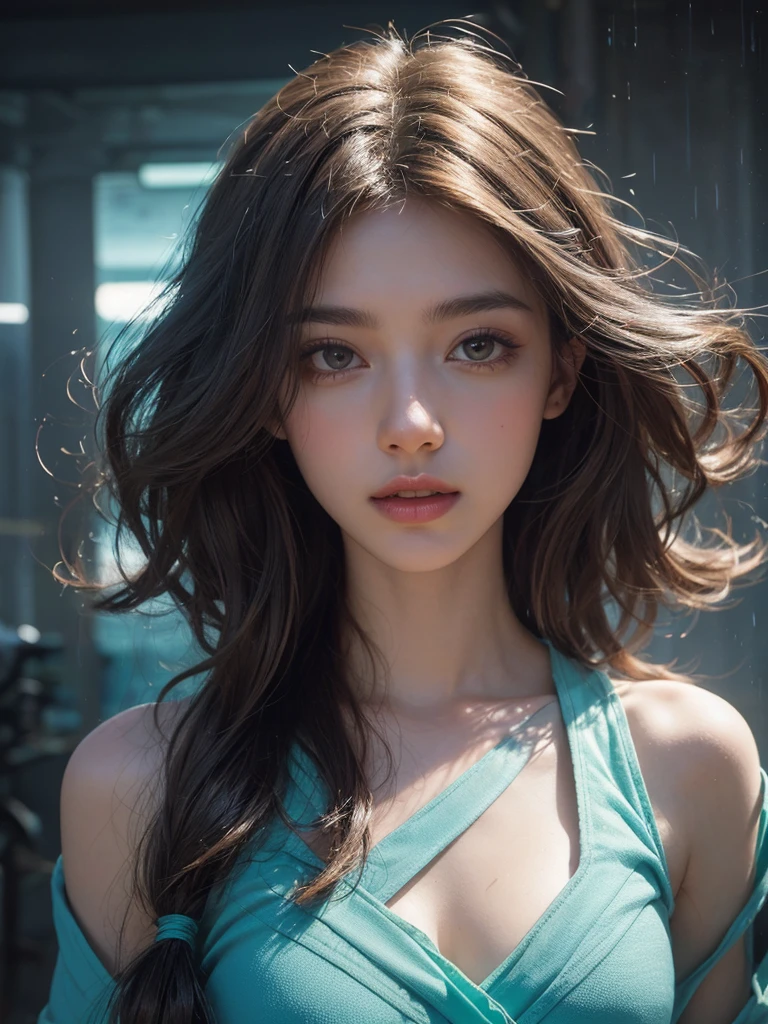 (UHD, retina, masterpiece, accurate, anatomically_correct, textured_skin, super_detail, high_details, high_quality, best_quality, high_res, 1080P, HD, 4K, 8k, 16k), (beautiful_detailed_eyes, beautiful_detailed_lips, extremely_detailed_eyes_and_face), soft_lighting, physically-based_rendering, vivid_colors, (large_breasts:1.5), (shiny_hair, shiny_skin, tanned_skin), eye_reflection, (bangs:1.5), (splash_curl:1.2), (bokeh), semi-profile_view, (tank_top:1.5), nipples,