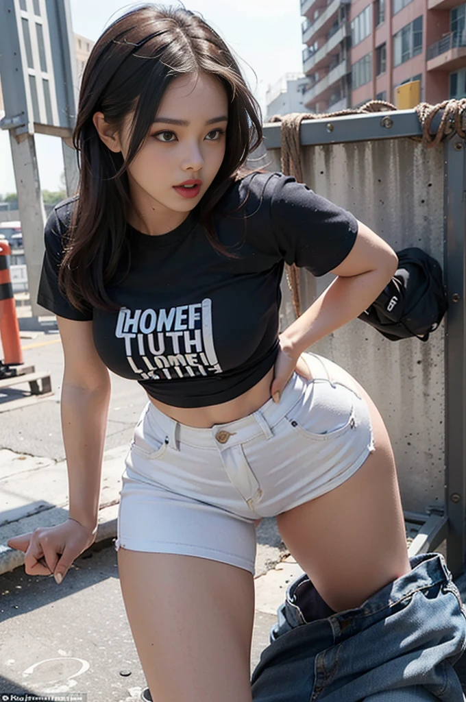 1 girl, solo, age 27, long brown hair, slim & curvy, big breast, 66cm waist, 91cm hip, Shot with Canon EOS 5D, best quality, Ultra high resolution , Masterpiece, detailed Japanese faces, wearing black t-shirt, wearing black shorts, sitting on sports car