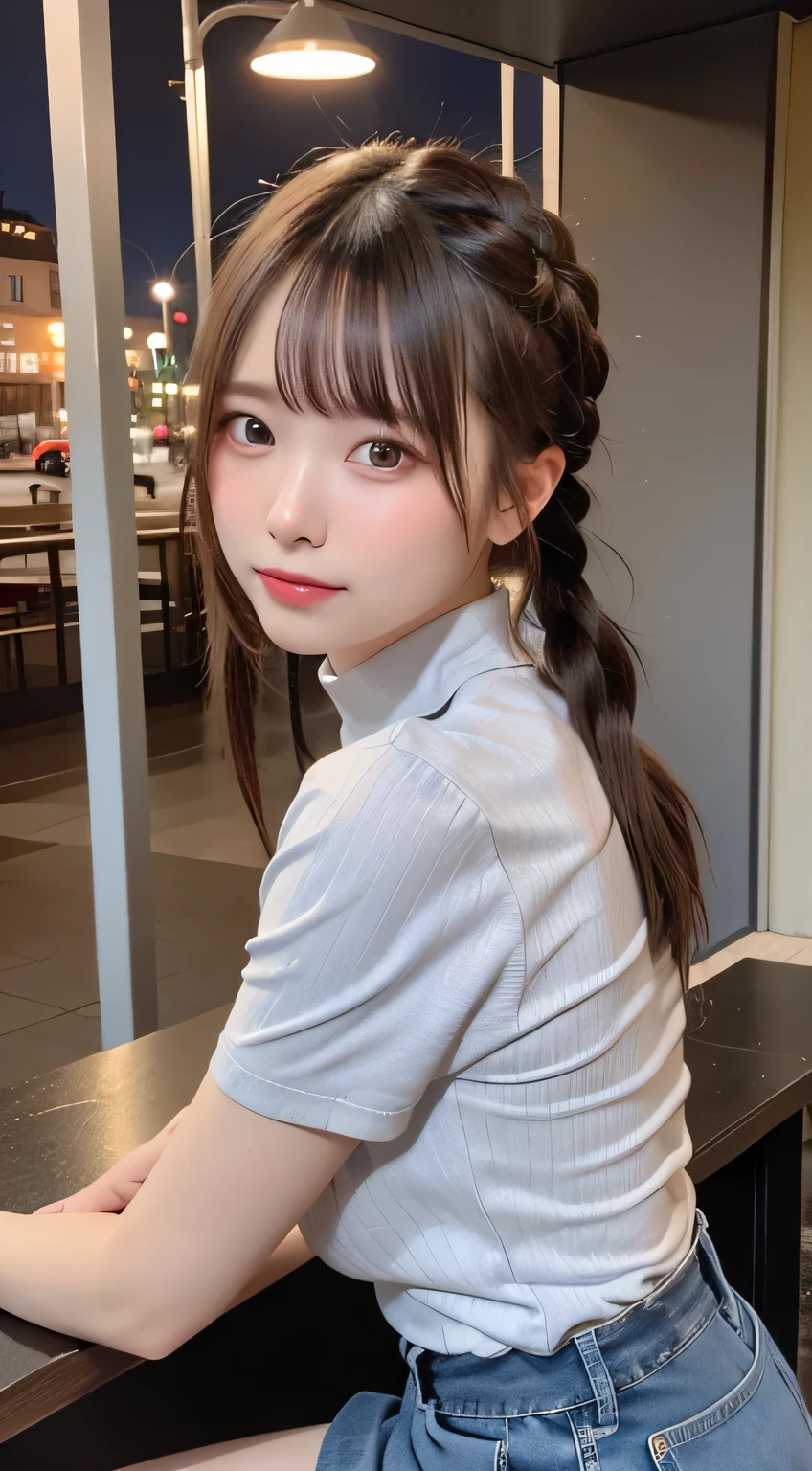 highest quality、8K、ultra high resolution、Super detailed face and eyes、Highly detailed face and skin texture、glowing skin、shiny skin、master piece:1.3、1 girl、A beautiful woman with slim abs as an accent、super detail face、delicate eyes、double eyelid、full shot、ponytail、短めponytail、20-year-old、brown hair、long sleeve、skirt、((cry、crying face、tears))、room