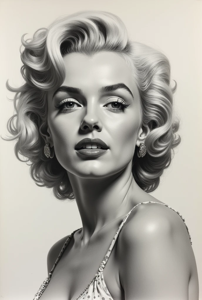 A delicate, watercolor painting picture portrays, a nude beautiful woman, Marilyn Monroe look, big firm breasts, standing bare feet without background, her features rendered in subtle shading and precise lines. The framing is tight, focusing attention on the subject's serene face. Soft, feathery strokes convey the gentle texture of her short hair, 