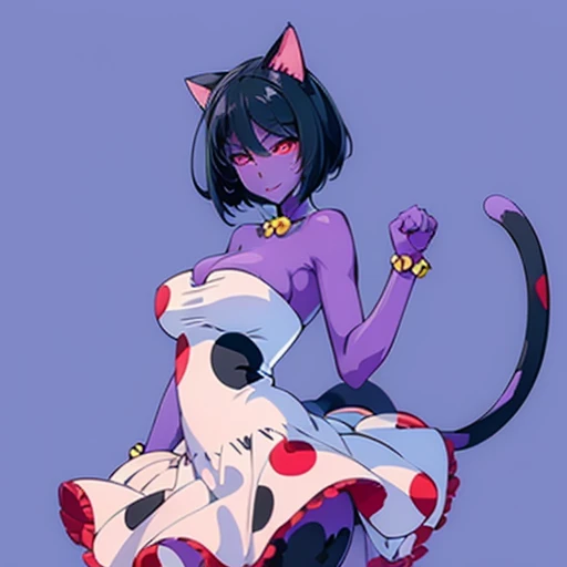  ((masterpiece,best quality,ultra-delicate,Perfect Face,16k,high resolution,very beautiful girl)), purple skin, cat ears, cat tail, 
polka dots pattern white strapless dress, polka dots pattern white tights, black short hair, red eyes,  large breasts, smile,paw pose