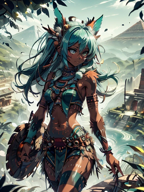 Miku Hatsune, tanned skin, high definition, tribal tattoo, prehispanic clothes, enter mayan, Pyramid Mayan Landscape, jungle