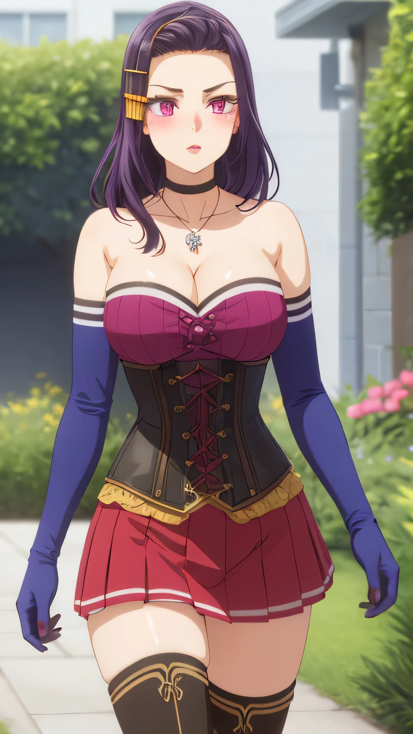 1girl, natural lighting, masterpiece, highly detailed, illustration, game CG, absurdres, high quality, Sayuri Akino, large breasts, beautiful detailed eyes, long curly purple hair, hair ornament, hairclip, glossy lips, lips parted, blush, garden, standing, strapless corset, miniskirt, collarbone, cleavage, jewelry, choker, necklace, thigh boots, elbow gloves