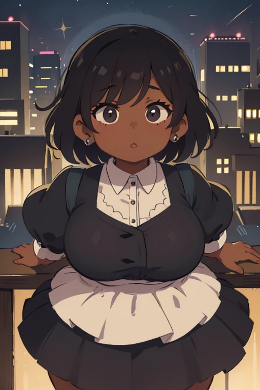 Chubby,woman,Night City,Short Hair,defenseless,From above,adult,aldult,Age 35,Maid uniform,Mature Woman,Dark Skin,Dreadlocks,Gathering