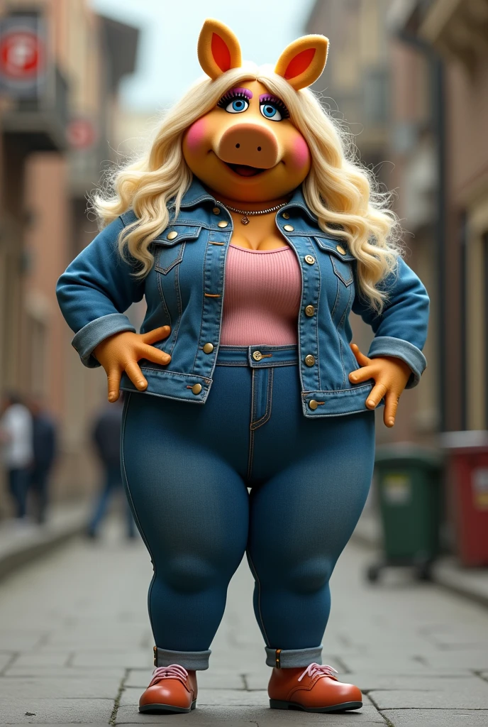 Billie Eilish, masterpiece quality, realistic, lots of detail, quaint village in background, standing in cobblestone street, sunny day, 1girl, solo, alone, platinum blonde hair, wearing hairband, wearing choker collar, naked body, (naked body:1.5), bare legs, topless, bare breasts, naked breasts, (naked breasts:1.5), lots of cleavage, middiff, big breasts, (big breasts:1.3), blushing, obese belly, (obese belly:1.5), flabby belly, rubbing belly, grabbing belly, ahegao face, (ahegao face:1.3)