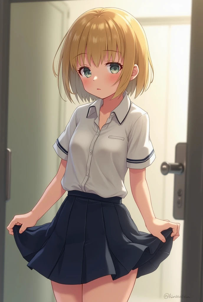 Anime girl in short skirt showing panties,blonde,blue colored eyes,blue striped white panties