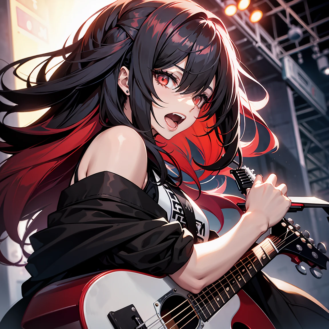 a girl, with long red hair,the strands of her hair are dyed black, her face is painted white, and near the eyes painted black, she is playing guitar at a concert,Holding guitar,she is screaming,She&#39;s doing a very lively rocker possession,all excited with a crazy look ,In the background of the show, behind the viewer, flames and skulls are coming out around the character., her clothing style and Rockeira&#39;s short clothing.