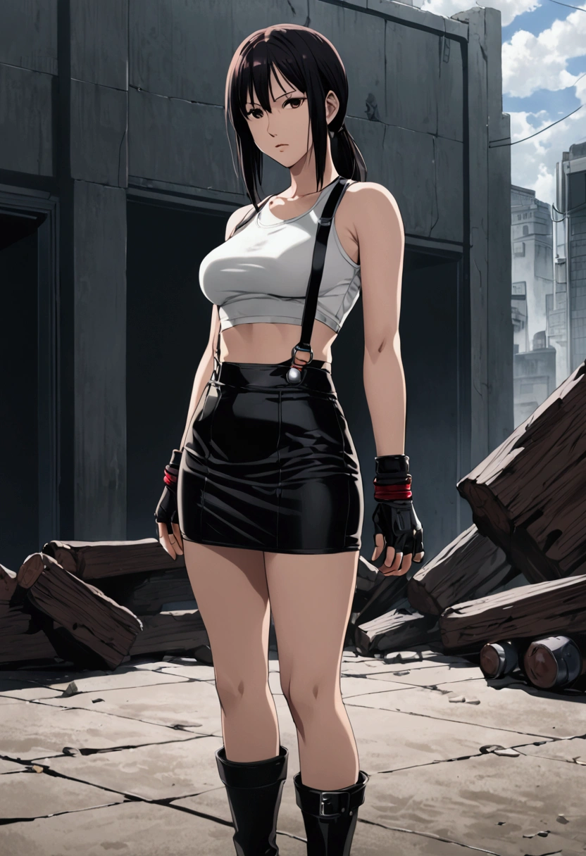 Makima from chainsaw man, (masterpiece, best quality:1.2), 1girl, solo, full body, tifa lockhart, final fantasy, white crop top, elbow pad, fingerless gloves, suspenders, pencil skirt, white tshirt, sexy look, short skirt, miniskirt, pencil skirt