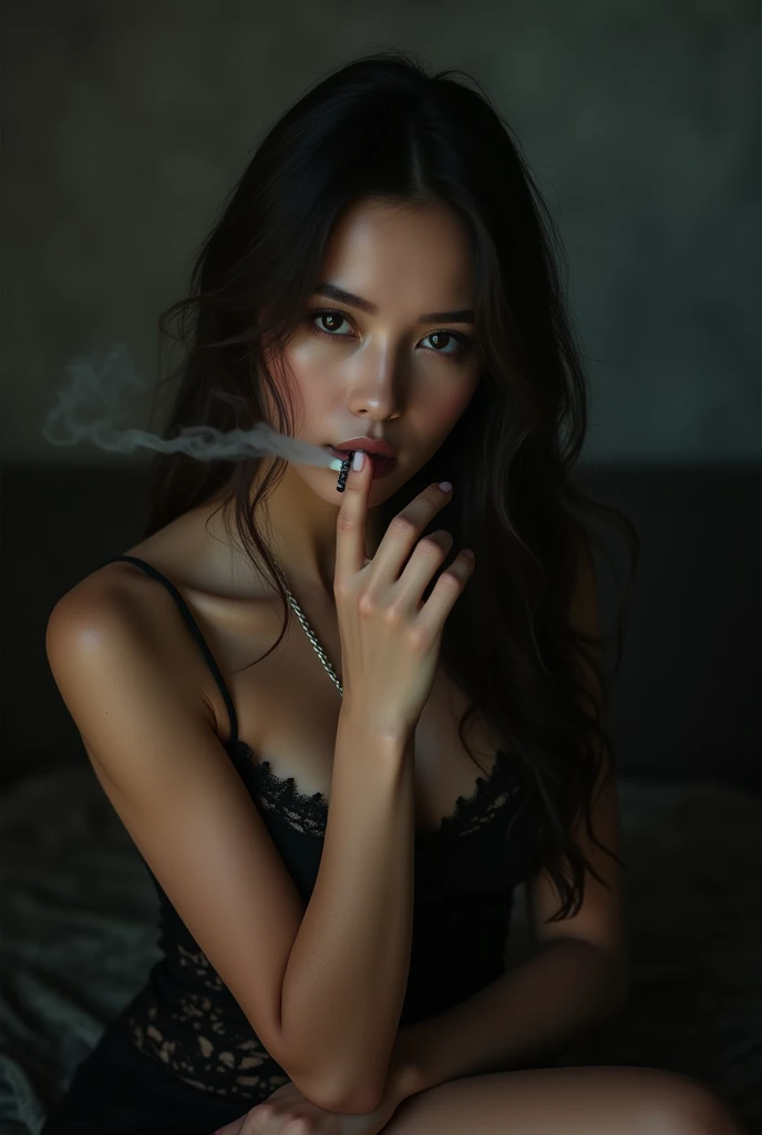 An attractive young woman, laying in a messy  bed, smoking a single cigarette. She exhales a plume of smoke out of her open mouth from deep within her lungs and savours the taste of delicious smoke. Visible whisps and drifts of smoke linger and dance around her. Her eyes are closed and she is moaning with an open mouth as if she has just climaxed with a great orgasm. Nude except for a black collar with a heart shaped decorative padlock . bed sheet partiality covering her. (((NSFW)))Masterpiece  highly detailed