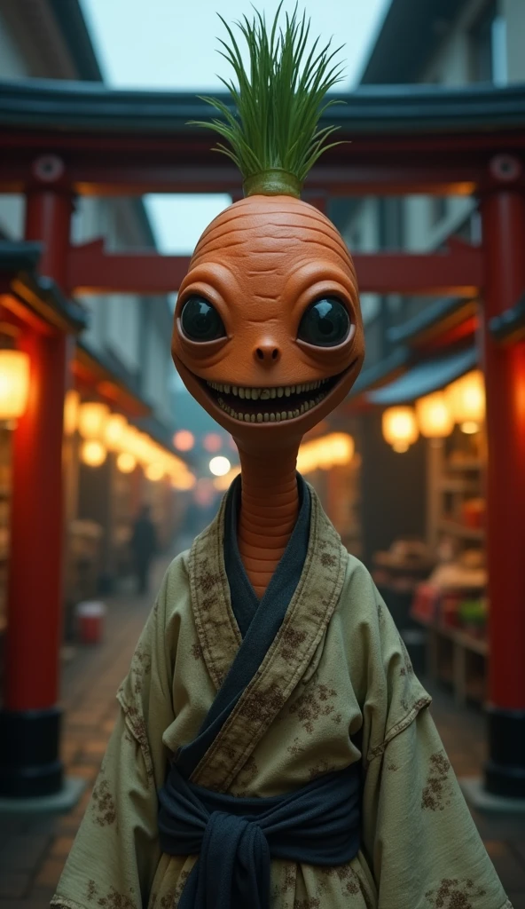 8k、Ultra HD、Horror-themed movie stills,Standing eerily in the middle of the city at night、A short, skinny old man with a big head wearing a kimono、Alien head shape