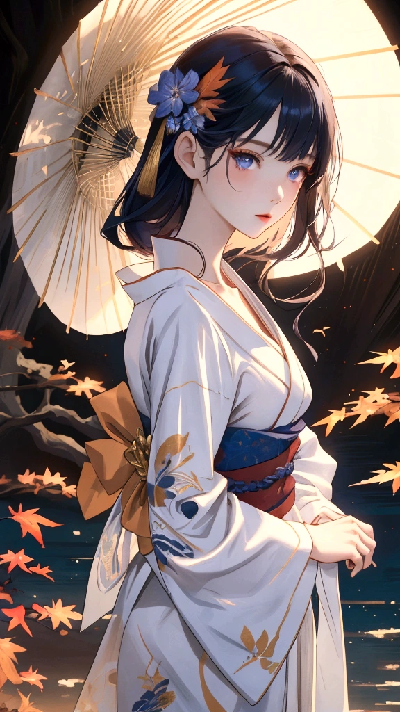 Autumnal background、Yukata、Outstanding nude、Outstanding style、Blue long hair、Blue narrow eyes、Pretty Girl、Very fair face and skin