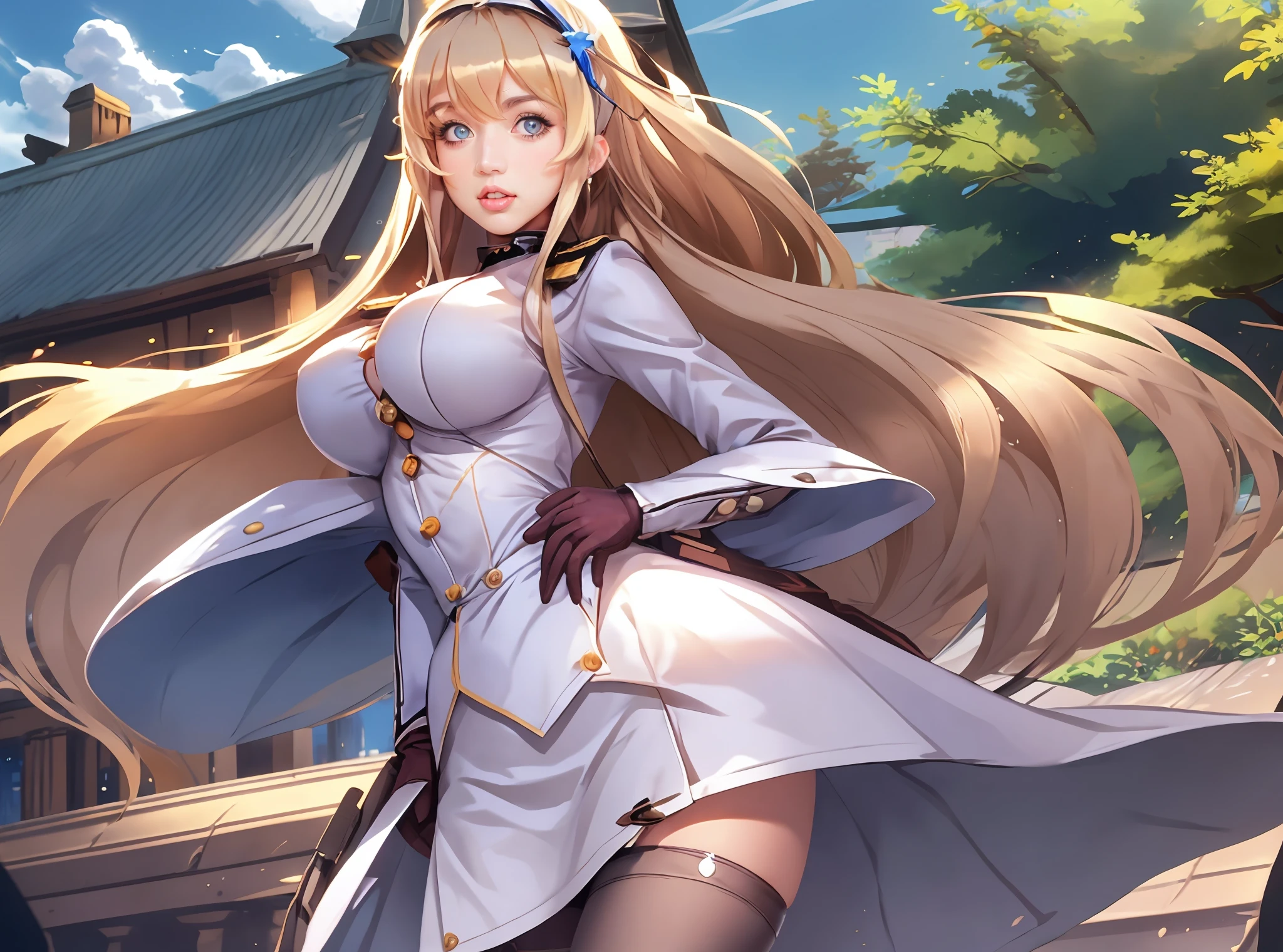 masterpiece、top-quality、Hi-Res、((She wears lace white panties、Cameltoe))、(Hats、band uniform、sleeveless、white glove、Pleated skirt、Knee Boots)、(spread legs,m legs,squatting with legs open)、Bring the subject to the fore、upper body、outside of house (1girl in, Solo), make up, Parted lips, ighly detailed, Gorgeous perfect face, ((Huge breasts、Constriction、nabel)), (Skindentation), Average waist, tall, Luscious red lips, (Long voluminous platinum blonde hair), blue eyess, Shiny skin,Very shiny skin、 Blushing, (Adult seduction) , Curve, (Seductive Dynamic Poses) (hanging breasted) , (disproportional tits), lustful gaze, Sultry woman