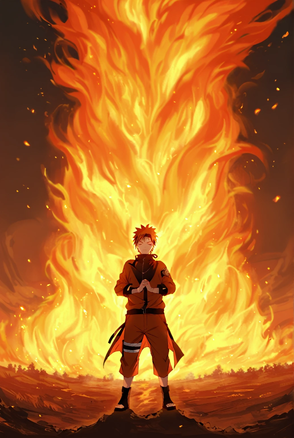 A dynamic and intense scene featuring the ninja Naruto, dressed in a striking red ninja outfit, standing in a powerful stance with both hands clasped together in a traditional ninja pose. His eyes are focused, filled with determination as he chants the Fire Release technique. Surrounding him are massive, roaring pillars of fire that rise high into the air, swirling around his body with fierce intensity. The flames create an aura of overwhelming power, casting a fiery glow across the landscape. The heat and force radiating from the fire are palpable, and the sheer strength of his presence instills awe and fear in all who witness the scene. The backdrop is dark, with the fire illuminating the ground and creating a stark contrast that emphasizes Naruto’s mastery of the technique,magical flame cirlcle effects all round,very glow,his eyes closed,glow particles around,