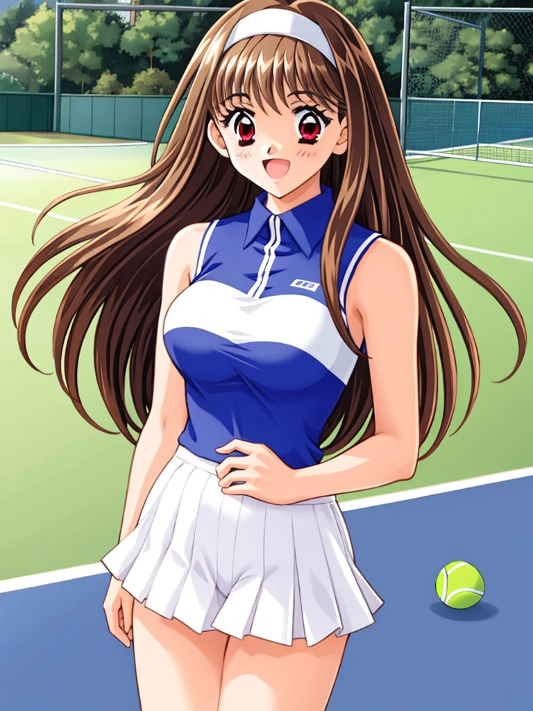 mizuho_yuuki, 1girl, brown hair, red eyes, ((white hairband:1.2)), medium breasts, straight long hair, plays tennis,laugh,thighs, game cg style, looking at viewer, sky, outdoor,