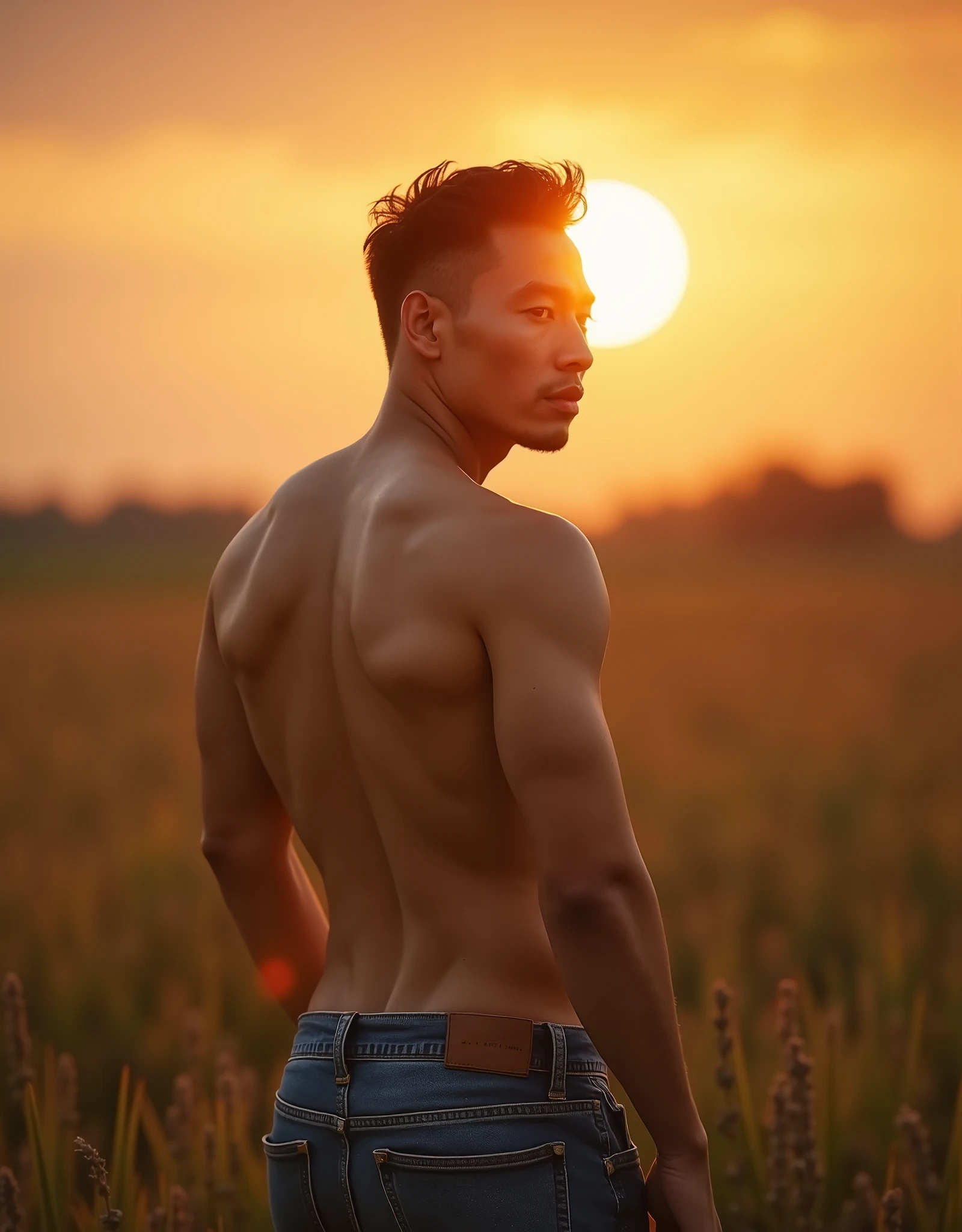 In the charming picture there is a handsome Chinese man 3 with his beam.,background in the sky has big bold sun, His charm radiated as he proudly showed off his sixpack in a full standing pose.. He wore a pastel sexy briefs, that highlighted his figure, He stood in the middle of the farm environment., big sun rise behind him, Bathed in the golden light of a beautiful day. With unparalleled attention to detail., This photorealistic portrait combines the style of National Geographic., Capture every detail of his textured skin in 8k resolution. Leica digital SLR camera. His features were clearly visible., From the deep-set eyes to the chiselled jawline., Make this image a true masterpiece..Lift. (8K UHD、RAW Photography、Photorealistic Portrait Leica Digital SLR、Lifelike images), big bulge