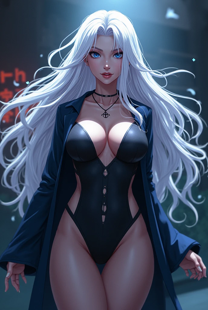 full body image of a young dark skin woman,perfect Beauty ,8k resolution ,big blue neon eyes, silver hair,pointy ears,, full lips, big , thick legs, dark blue dress.