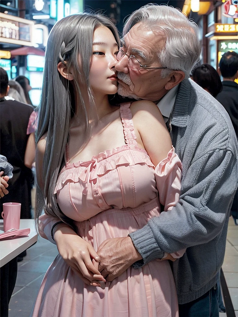 teenage girl、Elderly Man、Gray-haired man、hug a girl、Large bust、larger hips、blush、embarrassed expression、close contact、dandy、girl hugging a man、kiss、