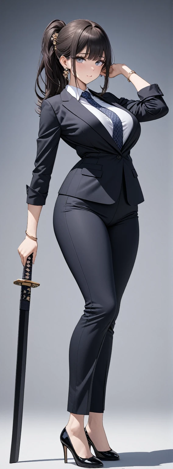 ((masterpiece)), ((high quality)),((ultra-detailed)), ((extremely detailed)),4K,8K, wearing navy pants suit, 2, in Office Suit, Office pants,very tall girl with a perfect big butt, 1girl, little big ass, tight suit,big breasts, Roll up sleeves ,black hair, ponytail, office lady, full body closed-up, black patterned floury pumps, plain background, earrings,  Tuck in shirt, hand on elegant Japanese sword with sheath, brown belt,bangs bangs, cold beauty, perfect hands, perfect face, perfect eyes, perfect body, Japanese style hair ornament, bracelet, holding_sword, Angle from front, blue plaid necktie, stand with own legs apart