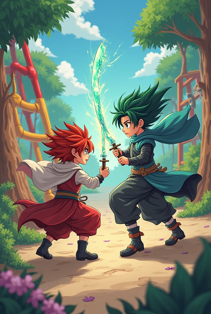 Make a legendary battle between rengoku and enzo Gabriel they are children in the playground where
