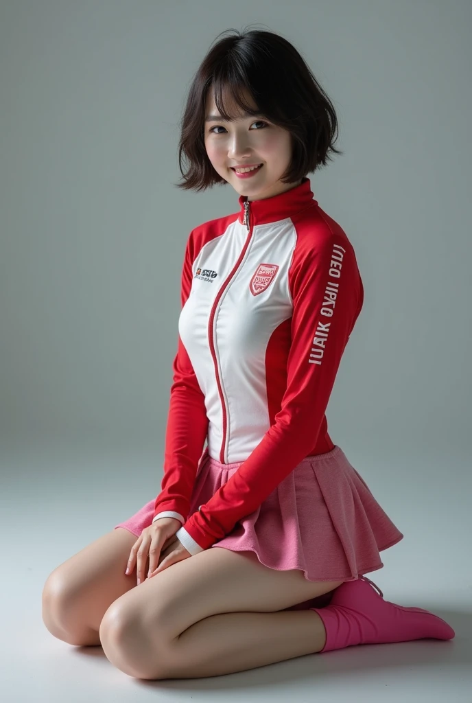 cute japanese college student、21 years old、Super detailed face、Attention to detail、double eyelid、Beautiful thin nose、Sharp focus:1.2、Beautiful woman:1.4、(Maroon brown hair、Short Hair)、（Detailed facial features）、Brunette eyes、natural bangs、White skin、highest quality、masterpiece、超A high resolution、(Photorealistic:1.4)、Highly detailed and professionally lit smile、looking at the camera、Straight Hair、Bright lighting、Professional Lighting、Smooth lighting、One person is standing、(Long sleeve cycling jersey), long sleeve sportswear、Long sleeve sports uniform、