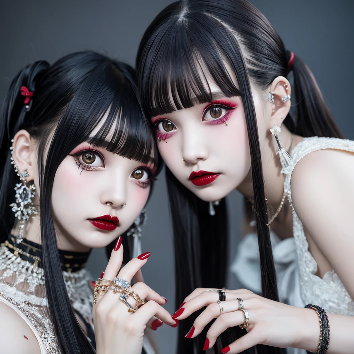 (masterpiece, best quality:1.2), two girls are deeply in love with each other, kiss, jiraai, 3d, bangs, black hair, black nails, blunt bangs, blurry, blurry background, blurry foreground, chain, chromatic aberration, cross earrings, depth of field, ear piercing, earrings, grey background, grey eyes, jewelry, lips, long hair, looking at viewer, motion blur, multiple rings, nail polish, neck tattoo, photo \(medium\), piercing, red lips, ring, simple background, solo, teeth, thumb ring, twintails