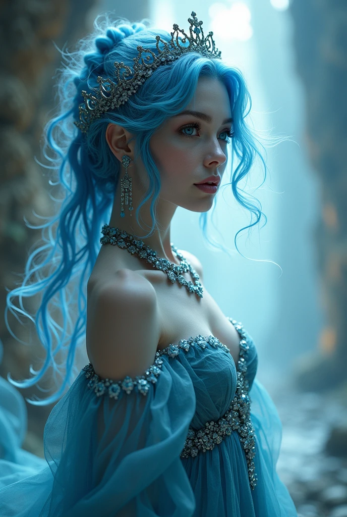 Intricate detailed fantasy portrait of a woman with flowing blue hair ...