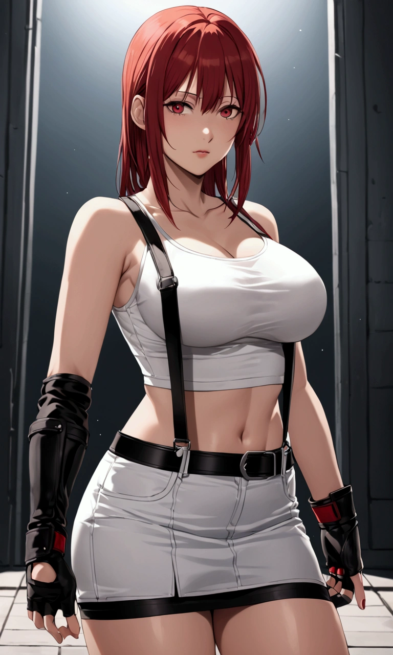 Makima from chainsaw man, red hair, detailed eye, big breast, sexy, (masterpiece, best quality:1.2), 1girl, solo, full body, tifa lockhart, final fantasy, white crop top, elbow pad, fingerless gloves, suspenders, pencil skirt, white tshirt, sexy look, short skirt, miniskirt, pencil skirt