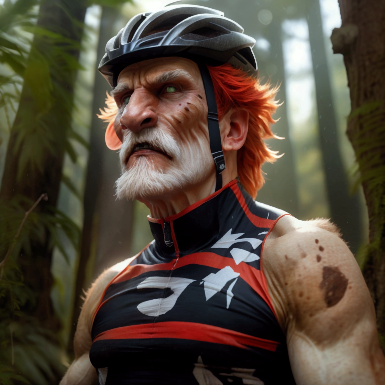 Cinematic movie-poster: Full body portrait of a giant Colm Feore standing in a a forest, red hair, freckles, extremly handsome middle-aged face, slender muscles, he's wearing a tight fitted cycling jersey singlet with tight cycling shorts, wearing a bicycle helmet, he has a very big crotch bulge indicating that he is very well endowed, protruding crotch bulge, large feet, his legs are in frame, titan, homoerotic, towering figure, enormously tall, long torso, long legs, sharp teeth, pale skin, chalk-white skin, beard, veiny arms, scaly face, scars across his torso, dark black eyes, defined muscles, zatyr-legs, , big muscles, low body-fat, small nipples, athletic build, masculine, brooding, stunning details, stunning photography, 4k quality, high resolution, high definition, cinematic, we see the entire body of the man in the photo