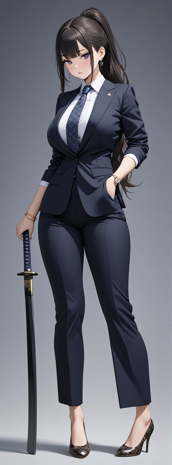 ((masterpiece)), ((high quality)),((ultra-detailed)), ((extremely detailed)),4K,8K, wearing navy pants suit, 2, in Office Suit, Office pants,very tall girl with a perfect big butt, 1girl, little big ass, tight suit,big breasts, Roll up sleeves ,black hair, ponytail, office lady, full body closed-up, black patterned floury pumps, plain background, earrings,  Tuck in shirt, hand on elegant Japanese sword with sheath, brown belt,bangs bangs, cold beauty, perfect hands, perfect face, perfect eyes, perfect body, Japanese style hair ornament, bracelet, holding_sword, Angle from front, blue plaid necktie, stand with own legs apart