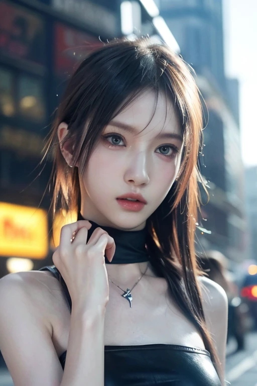 ８ｋ、High resolution、Punk Fashion、beautiful girl、Slender body、young、Colorful costumes、White skin、Face piercing,Narrow eyes、London cityscape,High nose,Face lighting、Clear images、Intellectual beauty、Eyes staring straight ahead、skinny、No makeup