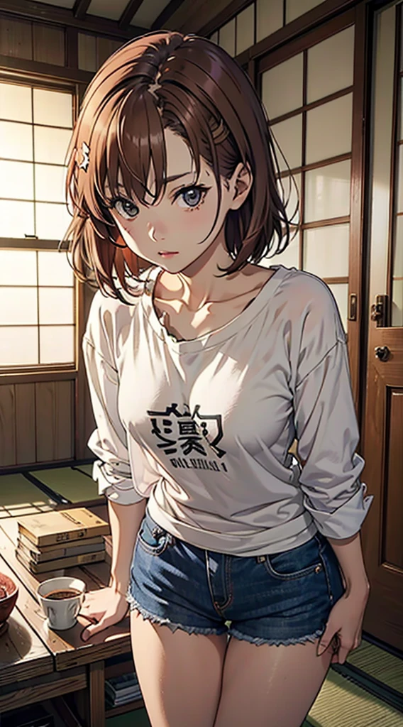 stand、Pick up something that has fallen、slouch、Misaka＿Mikoto、slouch、Japanese-style room、shirt