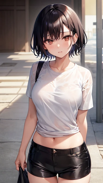 Solo,(((Anime Style:2,Mature Woman,Shyness,Small breasts:1.3,80 years old,fat))),Red face,Watery eye,Shyness,short hair,Street corner in downtown at night,Passengers,(nipples),Arms crossed behind back,Black Hair,Not wearing underwear,Micro Mini Skirt、Knee-high socks,Absolute area,well designed shirt