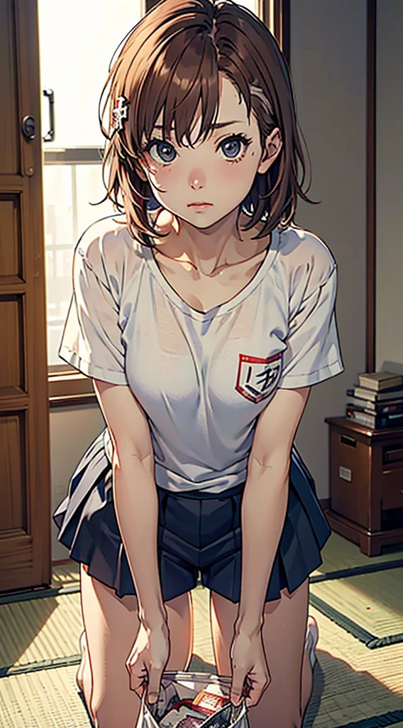 stand、Pick up something that has fallen、slouch、Misaka＿Mikoto、slouch、Japanese-style room、shirt