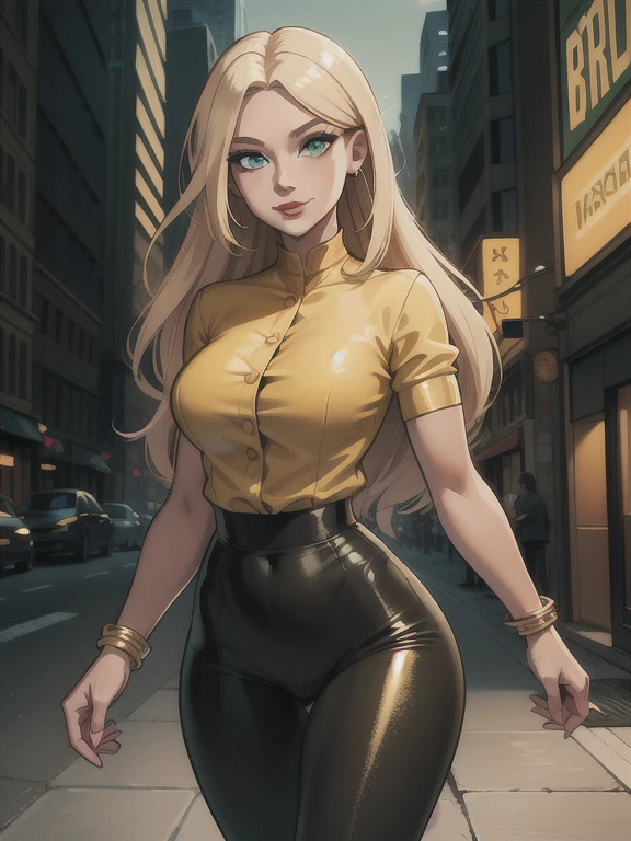 (masterpiece:1.2), best quality, high resolution, unity 8k wallpaper, artstation, (illustration:0.8), (beautiful detailed eyes:1.6), extremely detailed face, perfect lighting, extremely detailed CG, (perfect hands, perfect anatomy), alluring 36-years-old woman, standing at approximately 5'1" tall, ((slim, petite)), ((Hourglass figure)), medium breasts, tan olive skin, long blonde hair, ((green eyes:1.3)), eyeshadow, mascara, red lipstick, ((Wearing a yellow blouse, golden bracelets, and tight shiny black leggings)), she's looking at the camera with a calm smile, walking in the streets of New York, cinematic lighting, detailed background,
