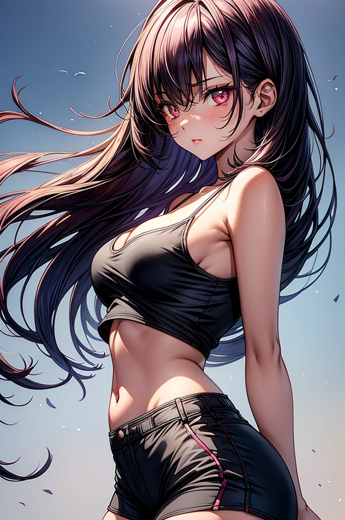 masterpiece, best quality, highres, 1girl, kizuna ai, large breasts ,long hair, brown hair, multicolored hair, floating hair, pink hairband, pink highlights, streaked hair, smiling, navel piercing, tattoo on stomach, navel, black tank top, black panties, thighs, thong panties,