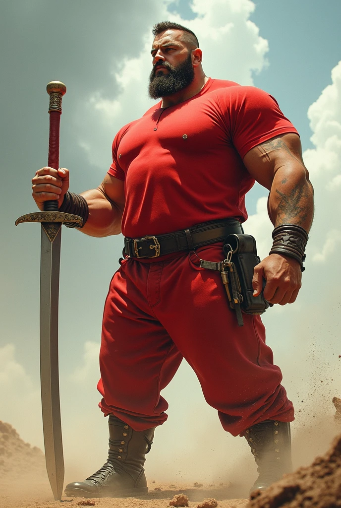 One hero, masculin, black glasses, big beard, 2 katana, big muscles, black tank top, blue jean, one red aura around him, lighting behind him, top of a mountain, grey cloud behind