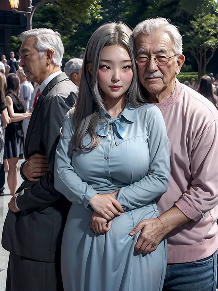 teenage girl、Elderly Man、Gray-haired man、hug a girl、Large bust、larger hips、blush、embarrassed expression、close contact、dandy、girl hugging a man、kiss、Girl Spanning Men、