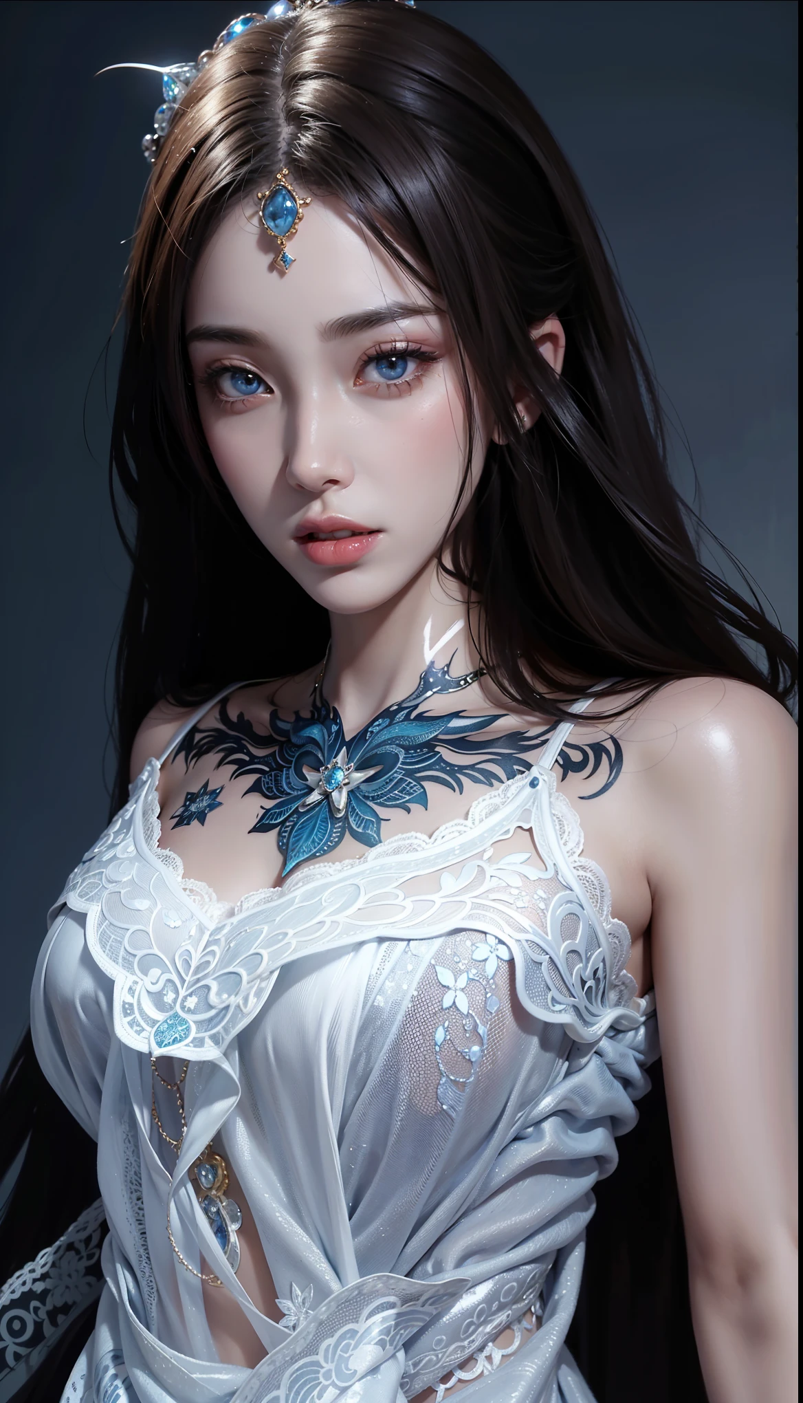 a beautiful korean female model, intricate body painting, invisible lingerie, detailed facial features, long eyelashes, glossy lips, elegant posing, dramatic lighting, photorealistic, high quality, 8k, hyperrealistic, chiaroscuro, cinematic, dramatic shadows, glowing skin, lush colors, dreamlike atmosphere
