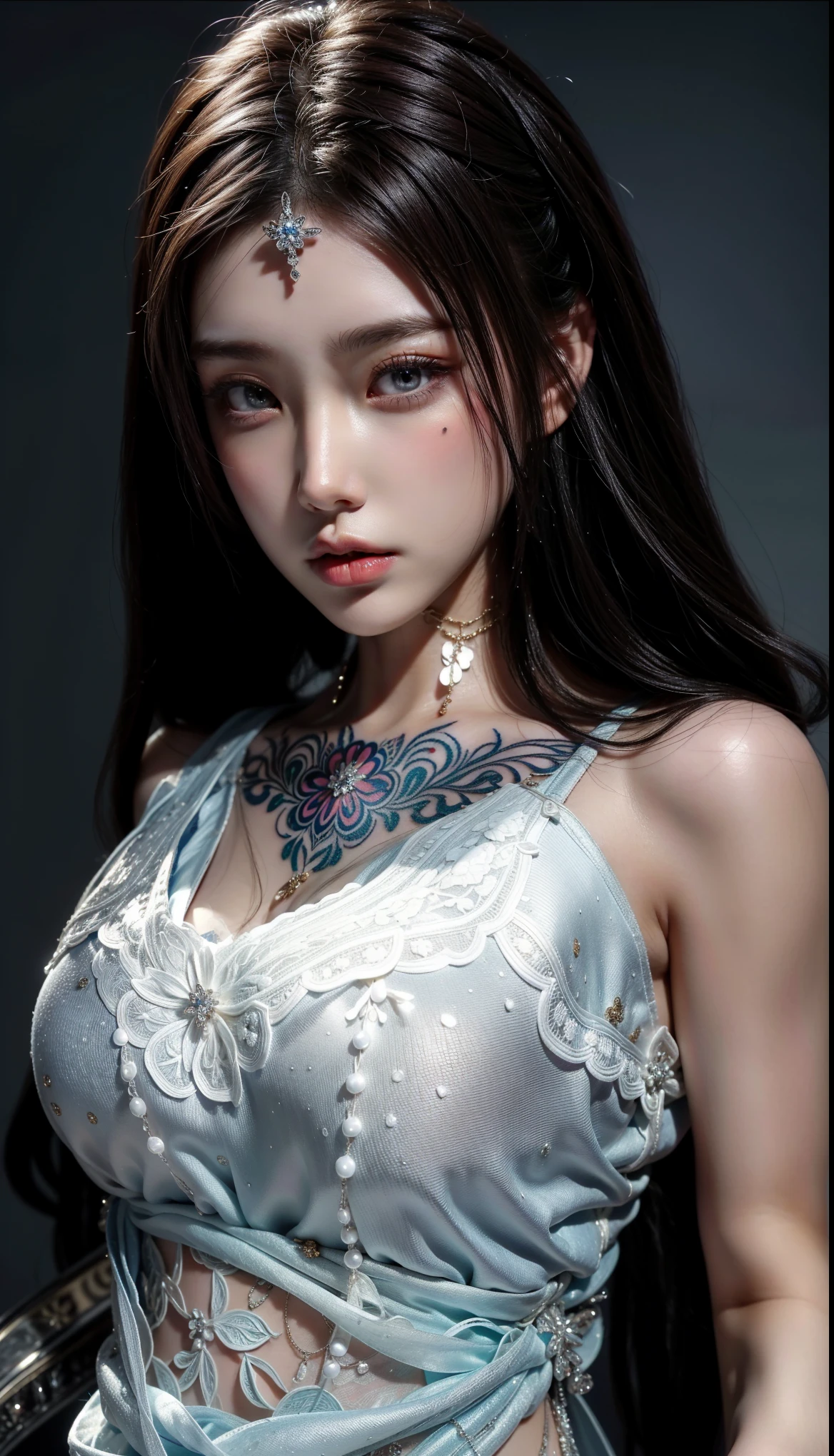 (masterpiece, top quality, best quality, official art, Pretty and beautiful:1.2), (1 Noodle Girl:1.3),（Clear facial features），（black eyes）（high nose）neon,Motion light,Fractal fire, Very detailed content,(Fractal Art:1.1),(rich and colorful:1.1)(Tattoo:1.3),Most detailed,(Tangled:1.2), Full body female, (Abstract Background:1.3), (glowing skin), (Many colors:1.4), ,(Ear nipple rings), (Advantage:1.5)，Upper body close-up