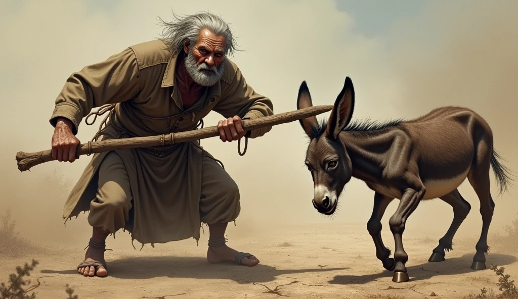 A father and son are carrying their donkey by tying it upside down to a stick, which they place on their shoulders.