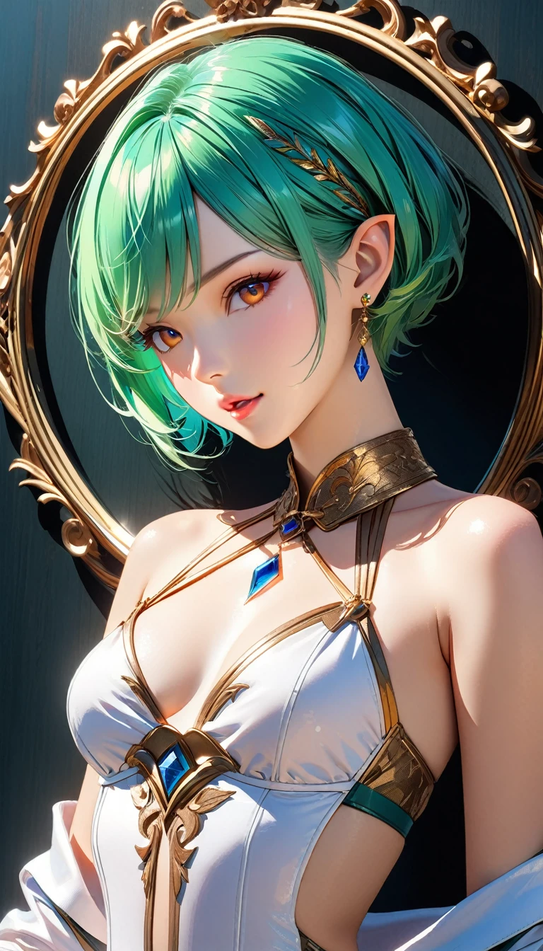 1woman, tamaki, green hair, green eyes, hair between eyes, detailed eyes, (silver sequined dress), blush, night, Close-up of face