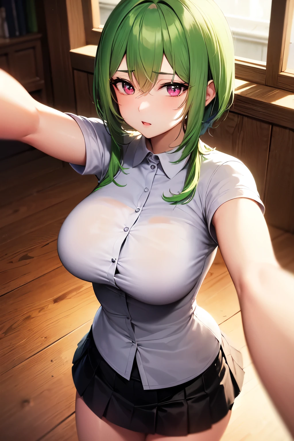 Masterpiece, sharp, realism, high angle, selfie up, short hair with long locks, light green hair, pink eyes, alluring female take a selfie, perfect body, shiny skin, sensual, wear white shirt tied half of boobs, microskirt, high hosepantys, dramatic shadows, dynamic light, radiant colors, indoor