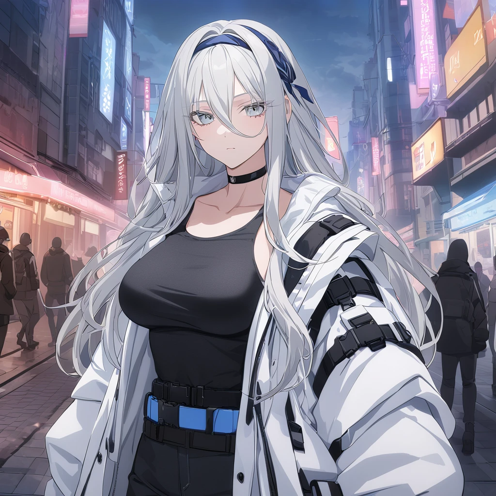 sovetsky_Soyuz, grey hair, long hair, oversized white tactical jacket, black shirt, black hot pants, hair band, breasts plate, body armor, stocking, choker, webbed belt, tactical, pouches, blue belt, first rate breasts, grey eyes, sharp eyes, Long eyelashes, eye shadow, ominous vibe, expressionless, stoic, relaxing, Ultra quality, UHD, high detail, anime aesthetic, Anime screenshot, Ultra quality, UHD, high detail. Busy Town, winter