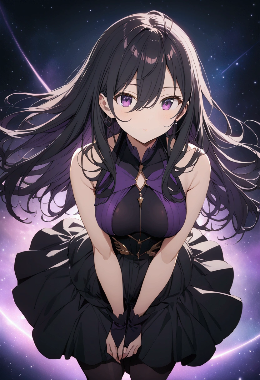 Best Quality　Masterpiece　Black Hair 　Long Hair　Rosidere　Kimishima Ayano medium breasts purple eyes　nebula　View from above