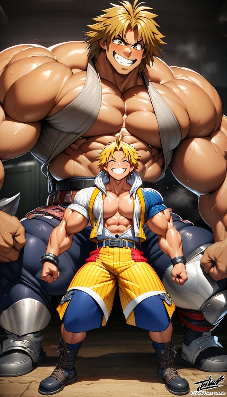 Highest quality,Huge muscles,Full Color,tidus,Massive ,smile wickedly,Open shirt,Shake hard,Devil&#39;s Wings and Tail,Normal position,Huge erect penis,Rubber Suit,Magic circle tattoo,Sex,2boys,((Zoom out,Full body photo)),Stick your tongue out,The devil enters the body,(((アナルSex,)))boys, man, anal sex, standing, man hug boy’s knees from back, man hold boy, breasts, nipples, both legs up, Open legs, best quality, very aesthetic, ultra-detailed, best illustration nsfw, sweat, steam, male 