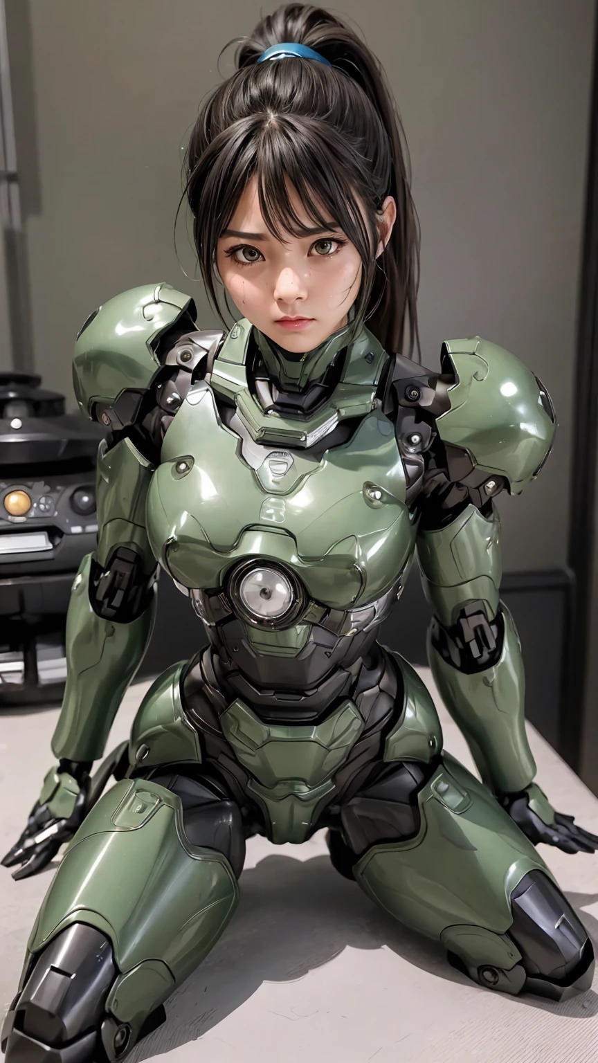 Textured skin, Very detailed, Attention to detail, high quality, 最high quality, High resolution, 1080P, hard disk, beautiful,(War Machine),beautifulサイボーグ女性,Dark Green Mecha Cyborg Girl,fight,Girl with a mechanical body,、A modest student in middle school　ponytail、Sweaty brown eyes、Sweaty face、Embarrassed expression　　cute　Black-haired　((Steam coming out of my head)) (Steam coming out of the whole body) Sit on the bed　(Spread your legs) I can see the vagina　M-shaped legs