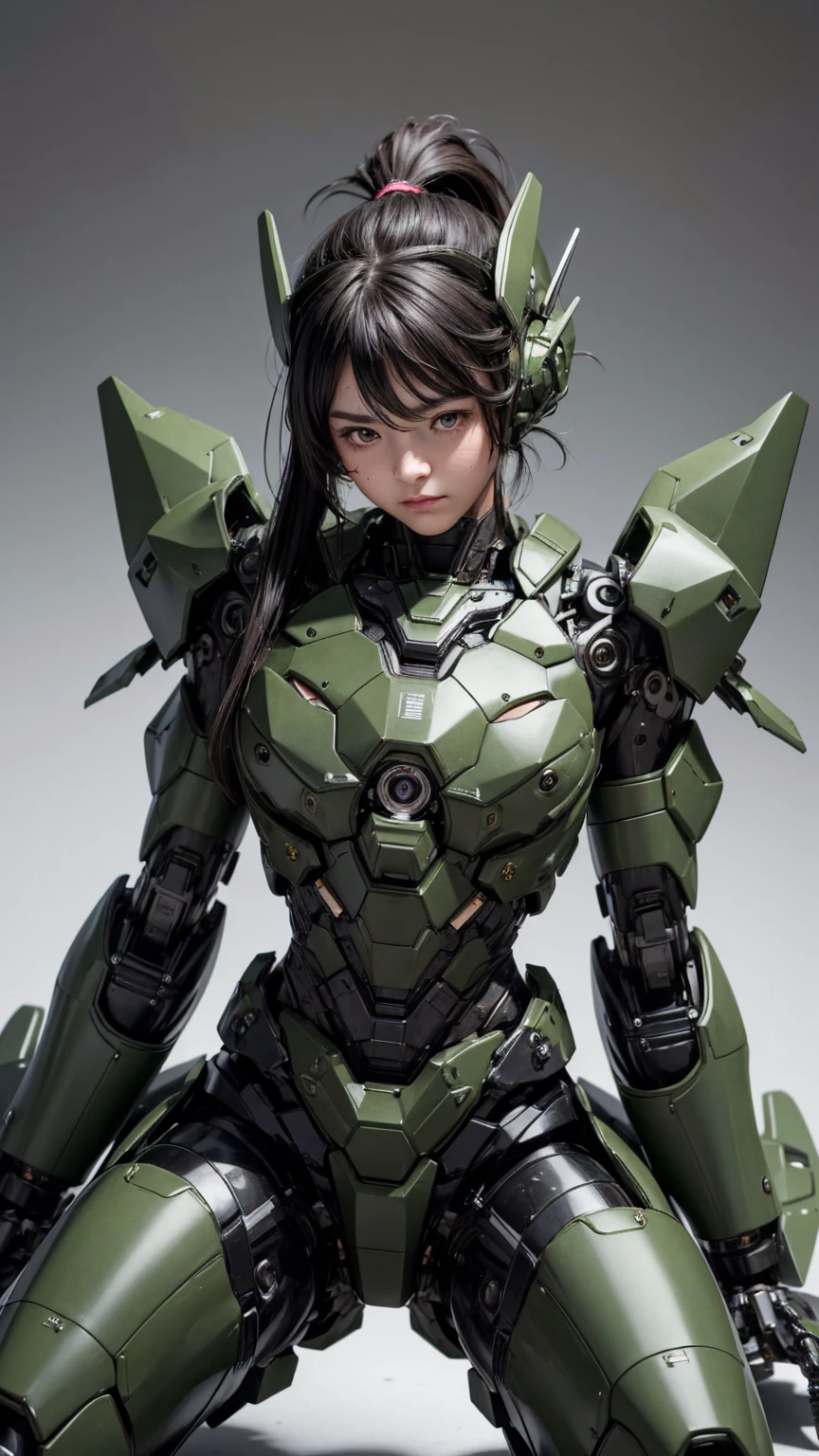 Textured skin, Very detailed, Attention to detail, high quality, 最high quality, High resolution, 1080P, hard disk, beautiful,(War Machine),beautifulサイボーグ女性,Dark Green Mecha Cyborg Girl,Fight,Girl with a mechanical body,、Plain junior high school girl　Boyish short hair、Sweaty brown eyes、Sweaty face、Expressions of joy　Blushing　Cute Smile　Black-haired　((Steam coming from the head)) (Steam coming out of the whole body) Cool pose　Gloss　Sweat flies