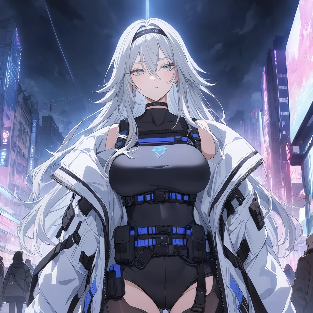 sovetsky_Soyuz, grey hair, long hair, oversized white tactical jacket, unzipped, black hot pants, hair band, chest plate, body armor, stocking, choker, webbed belt, tactical, pouches, blue belt, first rate breasts, grey eyes, sharp eyes, Long eyelashes, eye shadow, ominous vibe, expressionless, stoic, relaxing, Ultra quality, UHD, high detail, anime aesthetic, Anime screenshot, Ultra quality, UHD, high detail. Busy Town, winter